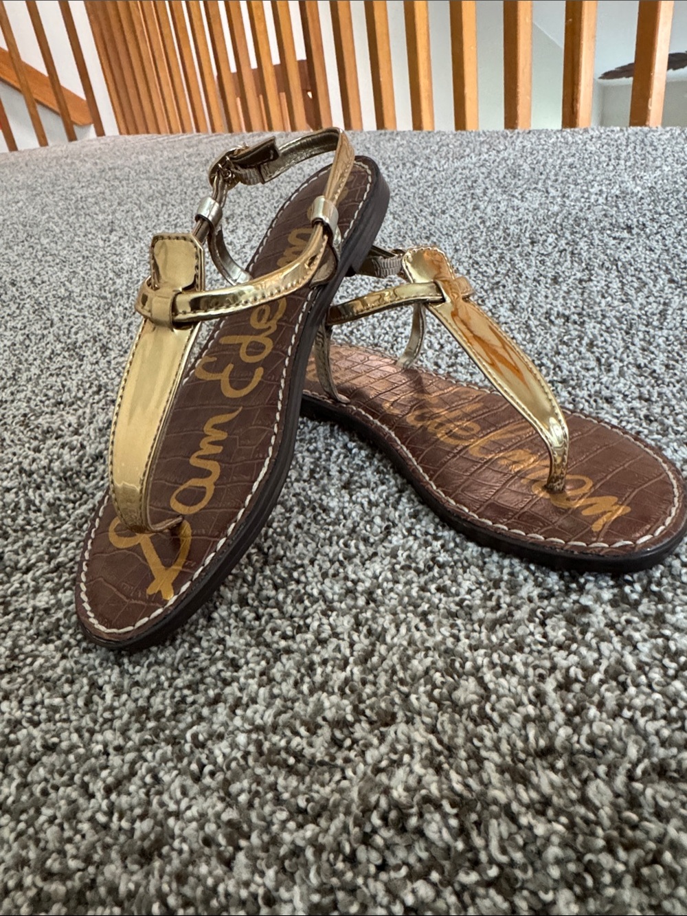 Sam Edelman Gold Metallic Thong Sandals with Brown Footbed